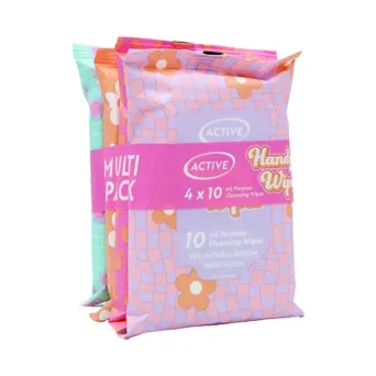 Active Handy Wipes 10s (4×10 Multipack) – Alcohol-Free, Vegan | Wholesale Hygiene Supply