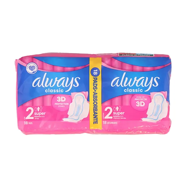 Always Classic 2 Super Sanitary Pads 18 Pack – 3D Protection Zones